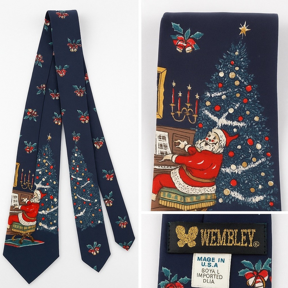 Wembley Silk Necktie Santa Playing Piano Christmas Tree Holiday‎ Novelty 58" USA